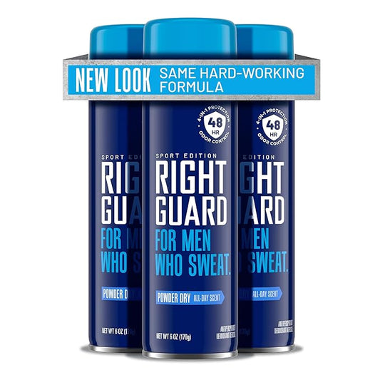 Right Guard Sport Powder Dry Scent Antiperspirant & Deodorant Spray - 4-in-1 Protection Spray Deodorant For Men, Blocks Sweat, 48-Hour Odor Protection, Quick-Drying, & Long-Lasting, 6oz (3 Pack)