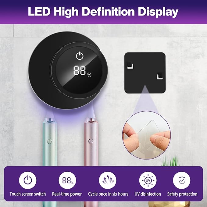 Toothbrush Sanitizer - Wall Mounted Toothbrush Holder LED Smart Screen with Auto Inductive Open/Close Cover for Bathroom Wall-Mounted (Black)