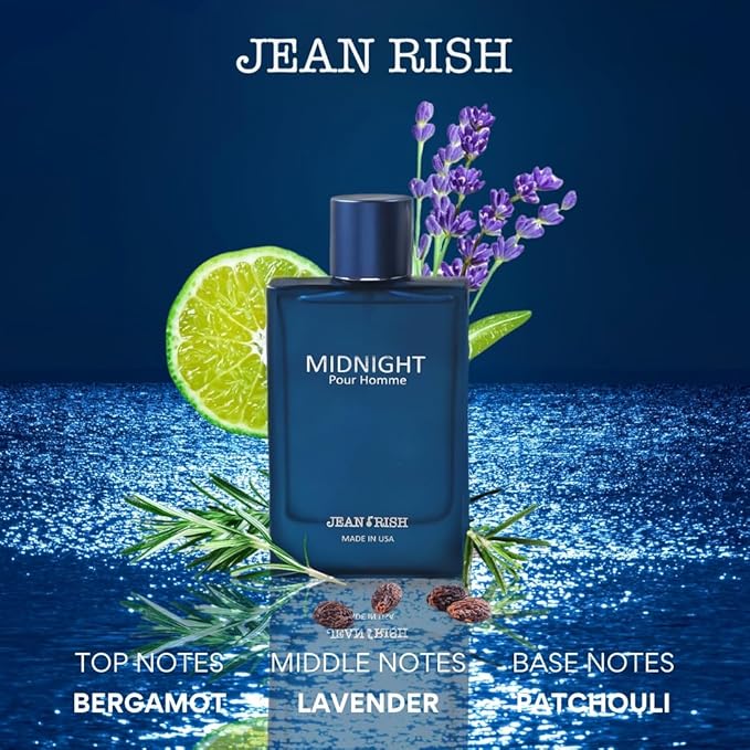 Jean Rish Midnight Pour Homme Eau De Toilette for Men (3.4 Fl Oz / 100ml) with Bergamot, Lavender & Patchouli - Long Lasting and Luxury Fragrance