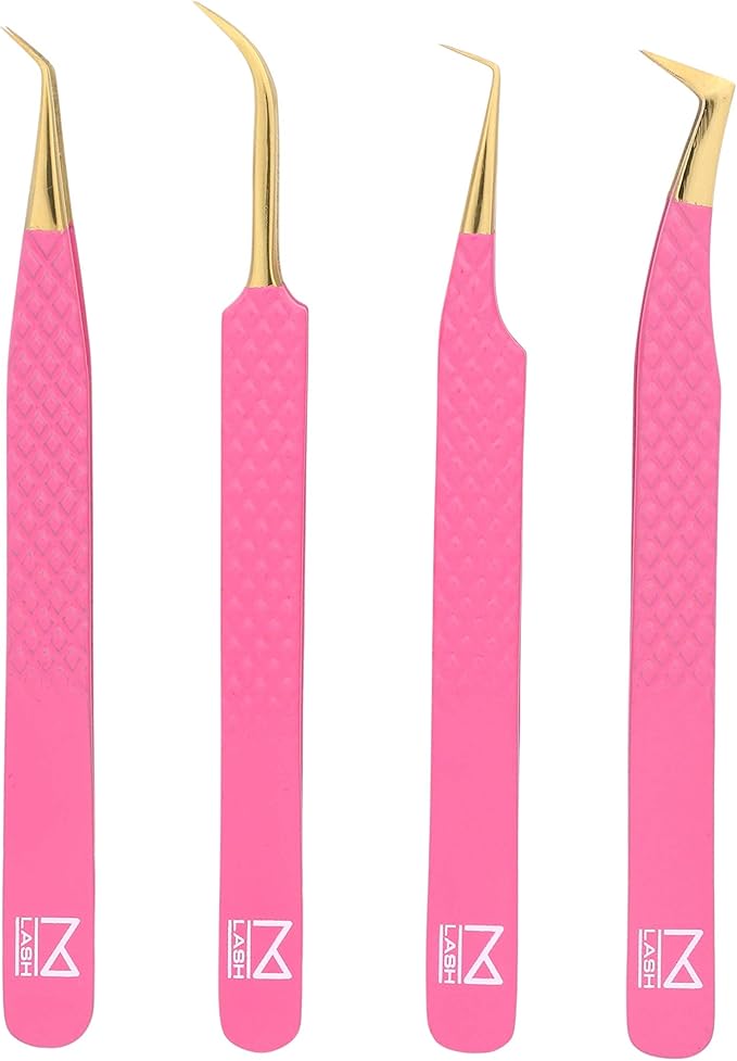 M LASH Tweezers for Eyelash Extensions (Set of 4) - Professional Lash Extension Tweezers - Fiber Tip, Japanese Steel, Diamond Grip Eyelash Extension Tweezer set (Pink)