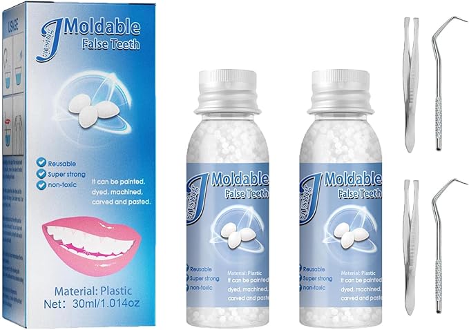 Tooth Repair Kits,2Pcs 30ml Dental Repair Denture Repair Beads,Tweezers,Dental Pick,4Pcs Dental Tools for Filling Missing Broken Tooth Moldable Fake Teeth(2+4Pack)