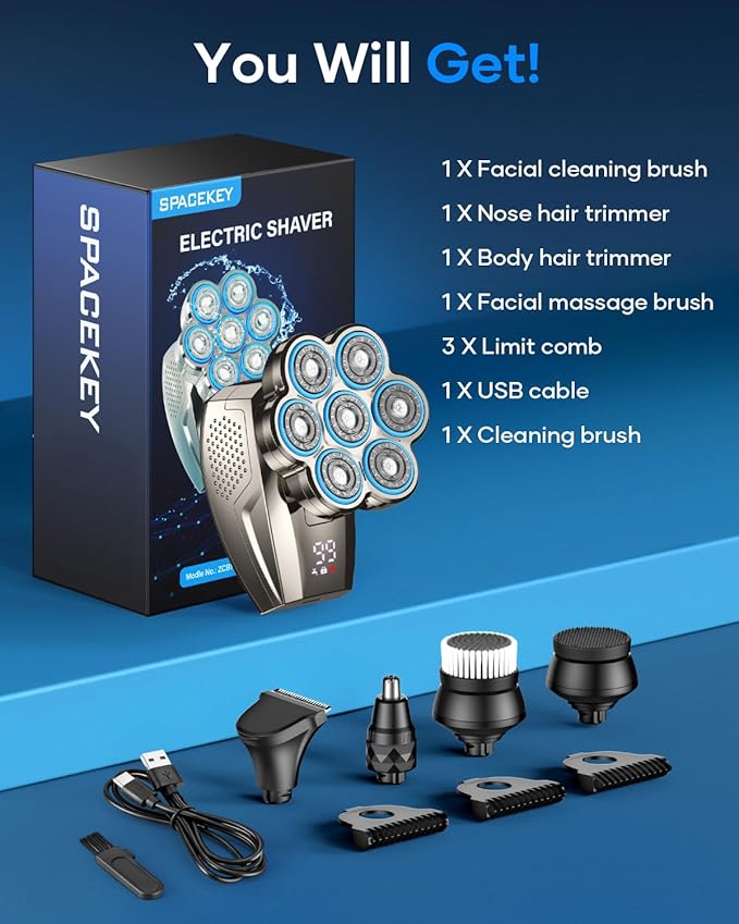 7D Head Shavers for Bald Men, 5-in-1 Magnetic Detachable Head Shaver, IPX7 Waterproof Electric Razor for Wet/Dry Use, Shaving Grooming Kit for Balder, LED Display, Type-C Charge