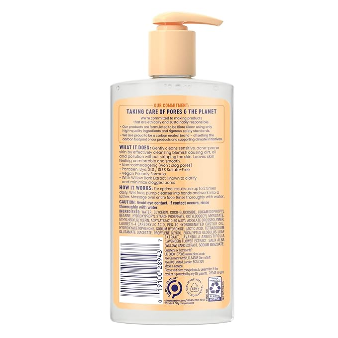 Biore Gentle & Breathable Acne Face Wash, Gentle Face Cleanser for Sensitive and Acne Prone Skin, Infused with Willow Bark Extract to Clarify Skin, Fragrance Free, 6.77 Oz