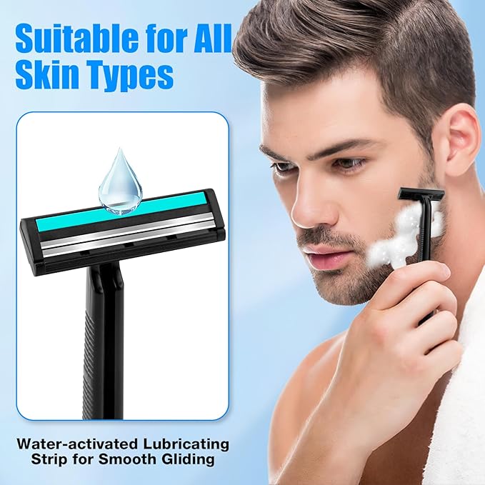 Disposable Razors Bulk for Men 100 Pack, Homeless Supplies Bulk, Twin Blade Mens Safety Travel Supply Shaving Razor, Face Beard Body Shavers for Hotel Camping Bathing (Black)