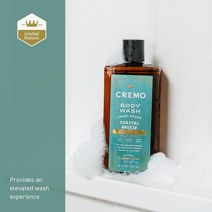 Cremo Rich-Lathering Coastal Breeze Body Wash Men, Notes of Salty Air, Coconut Water, and Mossy Woods, 16 Fl Oz