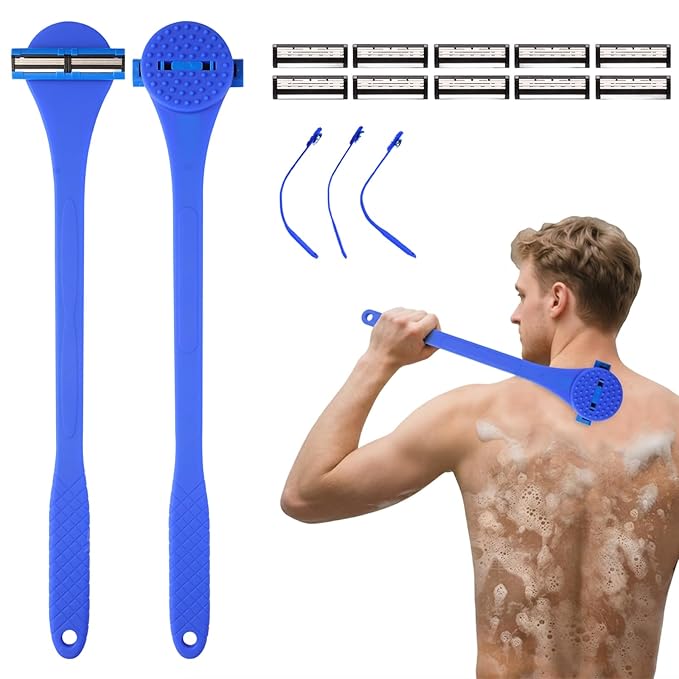 Back& Body Shaver for Men,Back Hair Trimmer for Men with Long Bendable Ergonomic Silicone Handle,10 of The Wet or Dry Disposable Razor Blades,Bath Brush Included(Blue)