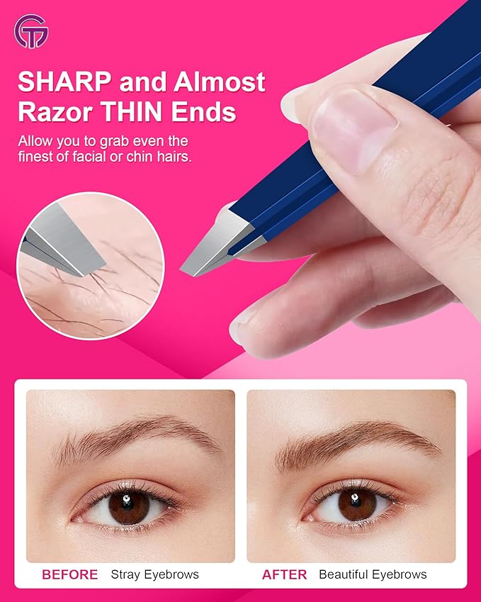 Expert Slant Tip Tweezers with Leather Travel Case, GlamTweeler Sharp & Precision Stainless Steel Tweezer for Eyebrows, Facial Hair and Fine Hairs Removal (Navy Blue)