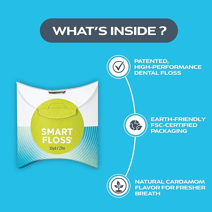 DrTung's Smart Floss - Natural Floss, PTFE & PFAS Free Floss, Gentle on Gums, Expands & Stretches, BPA Free - Cardamom Flavor, Colors Vary (10 Pack)