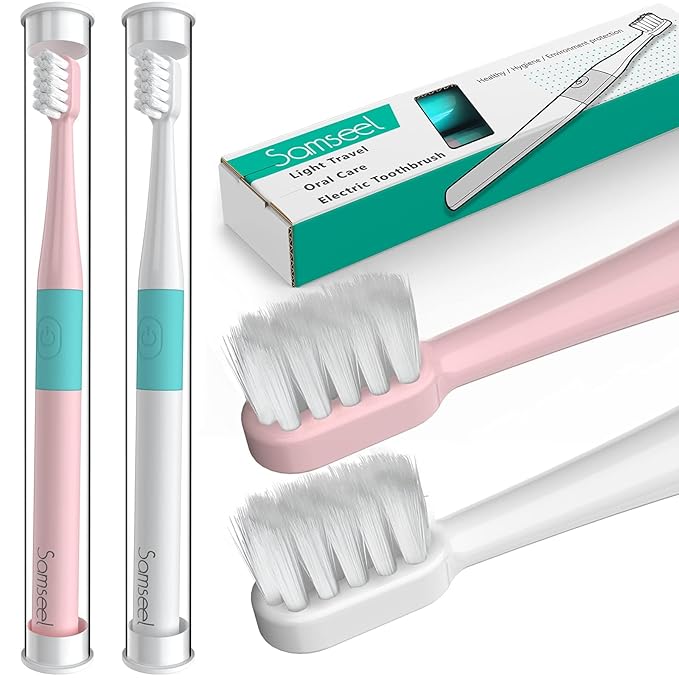 (2-Pack, White and Pink Sonic Electric Toothbrush Lasting for 90 Days Travel Essential Waterproof Portable Mini Design for Daily Oral Care Business Travelling and Holiday Use