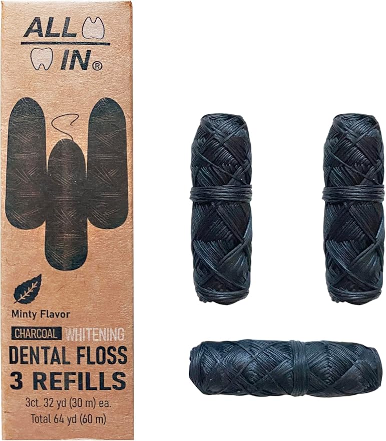 ALL IN Charcoal Floss Refills 3 x 32 yds Each - Activated Charcoal Dental Floss Refills Only - Unique Stocking Stuffer - BPA Free, Plant Based No PFAS Mint Floss for Plaque Removal, Fresh Breath (3)