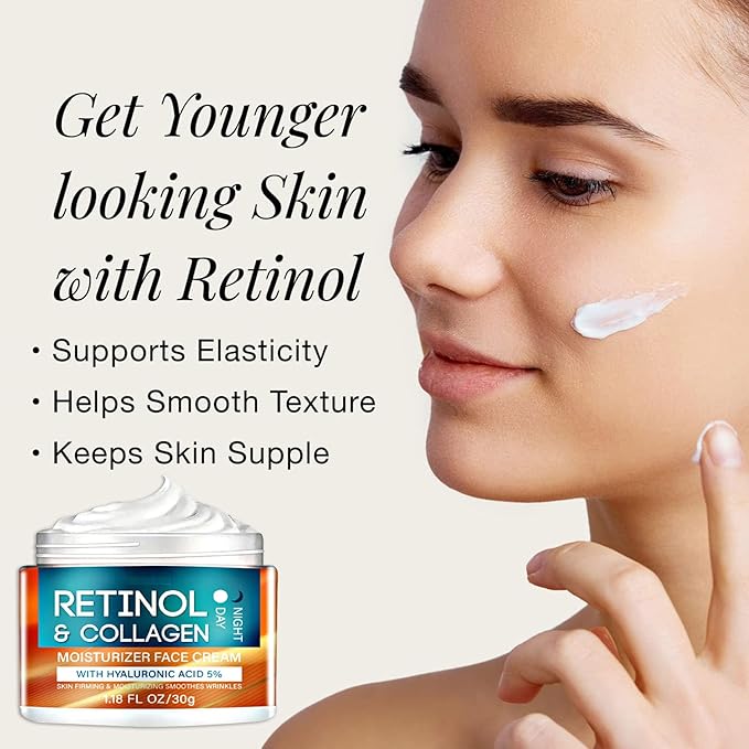 Retinol and Collagen Face Cream, Retinol Face Moisturizer with Hyaluronic Acid, Day & Night Anti Aging, Reduces Wrinkles, Fine Line, Hydrating Facial Moisturizer for Women Men Moisturizing Skin