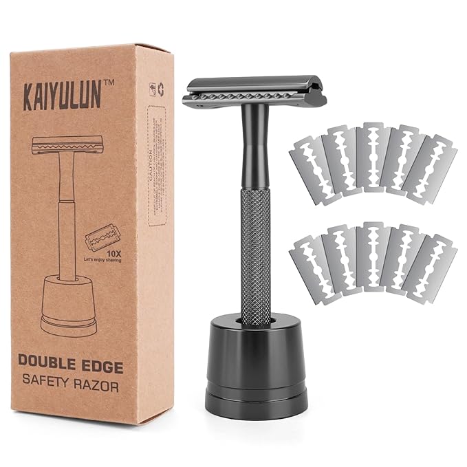 Safety Razor with Stand for Men & Women - Double Edge Single Blade Razor, One Blade Razor with 10 Blades & Metal Stand - Reusable Mens & Womens Shaving Razor (Complete Kit)-Black