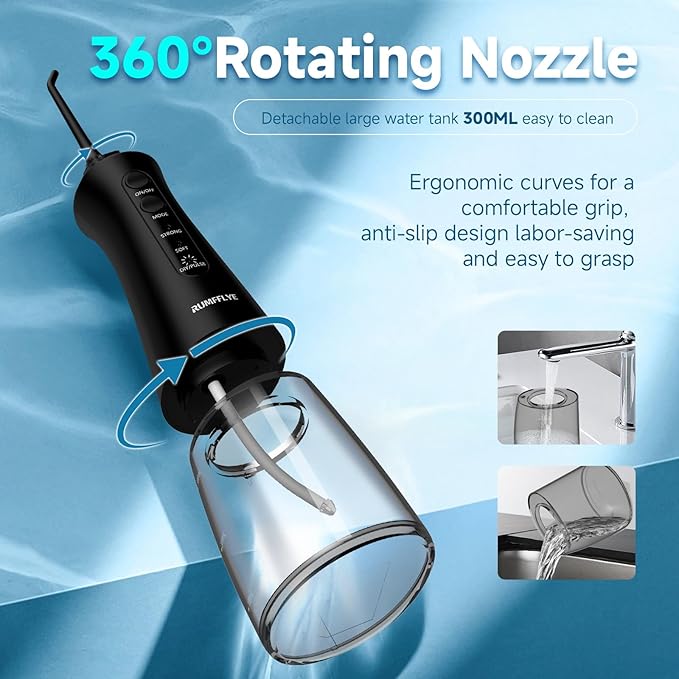Water Dental Flosser Teeth Pick 300ML Portable Cordless Oral Irrigator for Teeth Cleaning with 4 Modes 5 Jet Tips 12 Pressure Settings USBCharger IPX7 Irrigation Cleaner for Home Travel Black