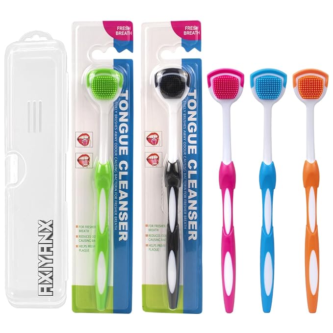 e Scraper and Brush for Adults, 5-Pack with Travel Case, Micro Bristle Tongue Cleaner (5 Colors)