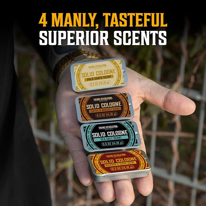 Viking Revolution 4 Pack Solid Cologne for Men - Men's Cologne Gift Set Including Coffee and Whiskey, Palo Santo, Sea Salt, Bourbon and Suede - Travel Size Gifts for Men (0.5 Oz each)