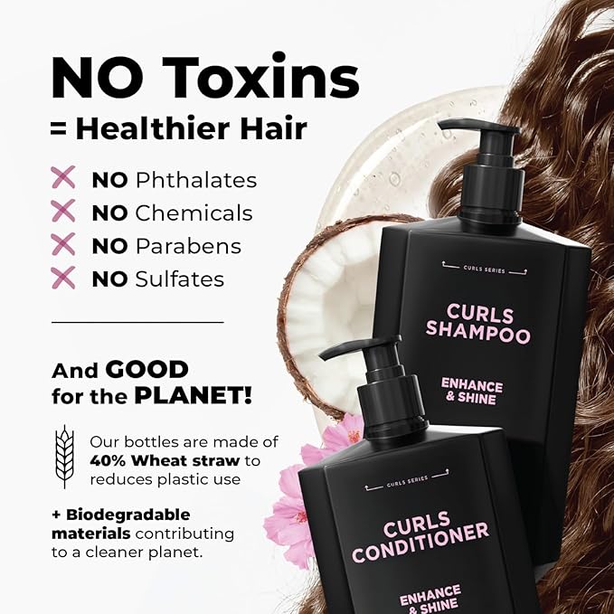 Curly Hair Shampoo & Conditioner Set – Hydrating Curl Shampoo & Conditioner for Curly & Wavy Hair for Women & Men – Sulfate-Free Frizz Control & Moisture for Defined, Softer Curls – 17 fl oz