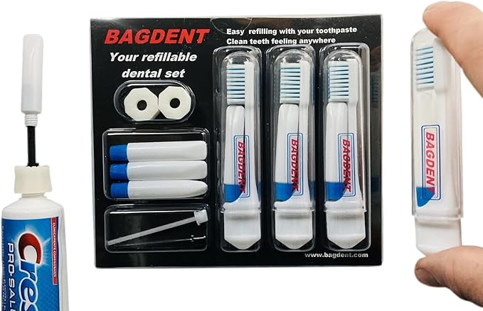 Travel Toothbrushes and Toothpaste Empty Containers - 11 PCS/Set: 3X Foldable Toothbrushes, 6X Empty Refillable Tubes (0.12oz), 2X Filling Adapters, Travel Set, Emergency Set, Daily Use