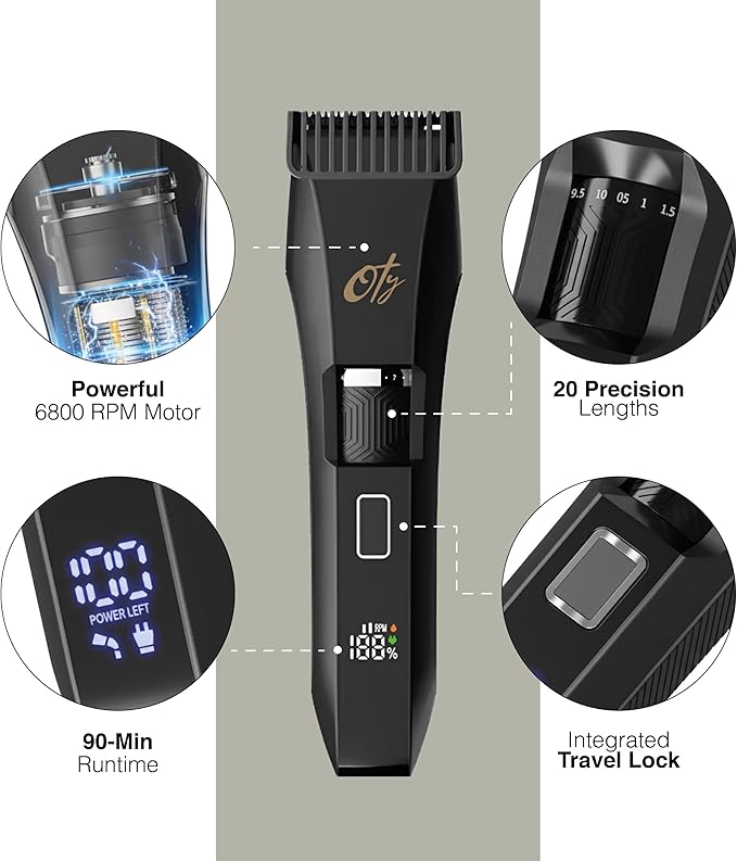Oty Beard Trimmer for Men Adjustable - Waterproof Cordless Hair Clippers with 20-Length Dial, Stainless Steel Blades, LED Display & Travel Lock - Rechargeable Grooming Kit – Ideal Gift for Men
