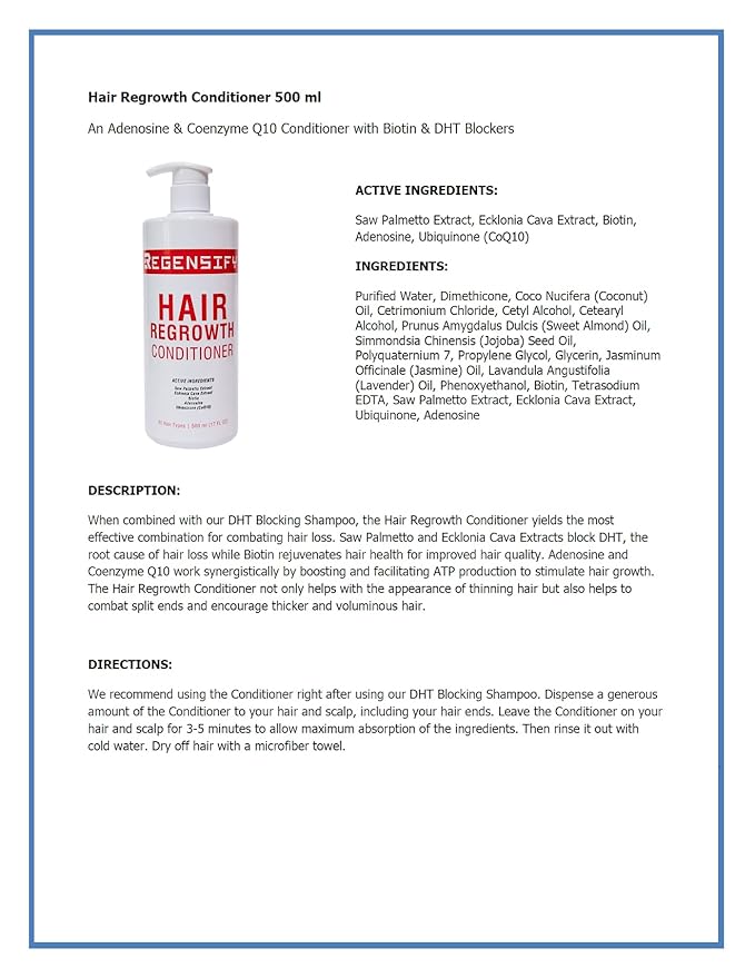 REGENSIFY Hair Regrowth Conditioner 500 ml (17 FL Oz) [Adenosine and Coenzyme Q10 Conditioner with Biotin & DHT Blockers]