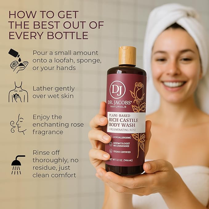 Dr. Jacobs Naturals Pure Castile Soap Liquid Body Wash, Rose - Plant Based Body Soap Infused with Vitamin E and Aloe Vera to Moisturize Dry and Sensitive Skin - Made in The USA - 16 oz, Pack of 2