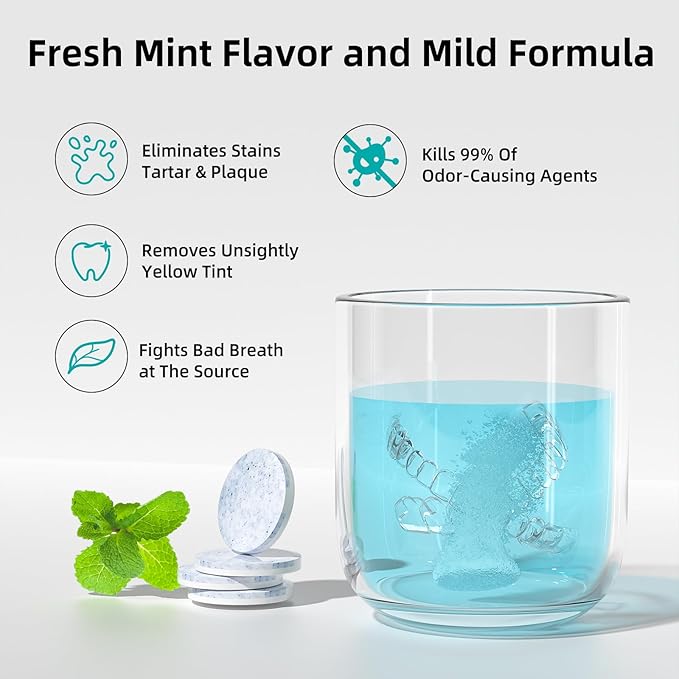 Retainer Cleaner Tablets,Denture Cleaning Tablets for Deep Remove Stains,Denture Cleaner Tablets 240 Tablets - Minty Fresh