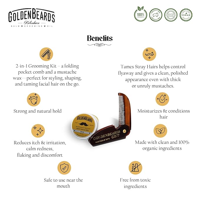 Golden Beards Mustache Wax with GB-77 Folding Comb – Organic & Natural Styling Wax for Men – Strong Hold, Vegan, Cruelty-Free Grooming Kit