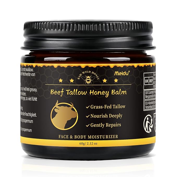 IIIMEIDU Tallow and Honey Balm, Beef Tallow for Skin, Tallow Face Moisturizer with 100% Organic Grass-Fed Beef Tallow & Raw Wild Honey, Natural Formula for Face & Body for Men Women