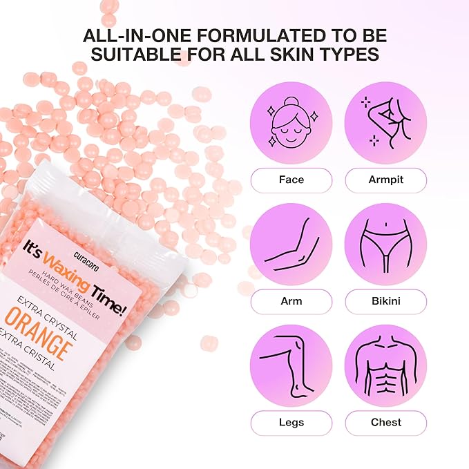 Curacoro Italian Wax Beans - 200g Hard Wax Beads for Full Body Hair Removal on Face, Body, Brazilian, Bikini, Legs, Underarms, Skin-Friendly Waxing Beads for Women & Men, Made in Italy (Orange)