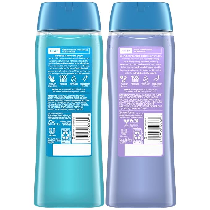 Suave Body Wash Variety 2-Pack, Ocean Breeze + White Tea & Lavender – Gentle Body Washes with Fresh Blend Oil Essence, 18 Oz Ea