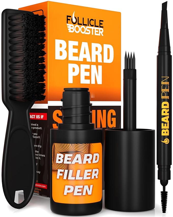 FOLLICLE BOOSTER Beard Pen Filler Styling Kit for Men - 3-in-1 Filling Set with 4-Tip Fork, Normal Pencil, and Brush - Waterproof, Sweatproof & All-Day Hold - Medium Black