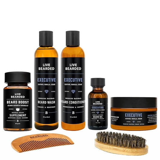 Live Bearded Total Beardsman Kit - Complete Beard Growth Kit for Men - Beard Oil, Butter, Wash, Conditioner, Vitamins, Comb, Brush | Executive - Leather, Vanilla, Cedar