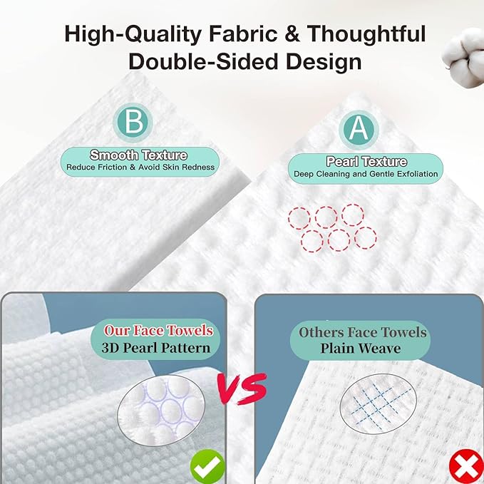 100% Pure Cotton Disposable Face Towel, 2 Pack Soft & Skin Friendly Face Towelettes Disposable for Sensitive Skin, Lint- Free Makeup Remover Dry Wipes, Thick Facial Towels Disposable