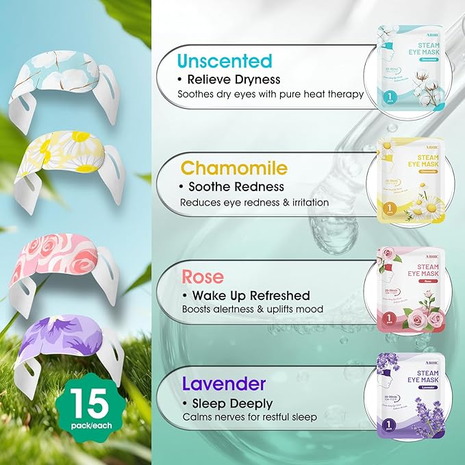 AROIC 60 Pack Steam Eye Masks Disposable for Dry Eyes, Heated Eye Mask Warm Compress for Eyes, Relaxation Valentines Day Gifts, Travel Essentials - Lavender, Unscented, Chamomile, Rose