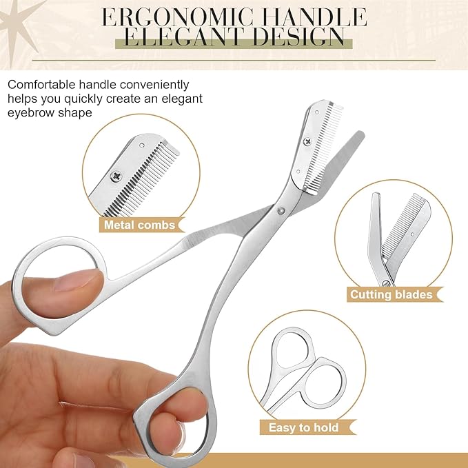 Stainless Steel Eyebrow Trimmer Set Eyebrow Grooming Scissors with Comb Dermaplane Facial Razor with 3 Blades Refills Face Grooming Razor for Women and Men