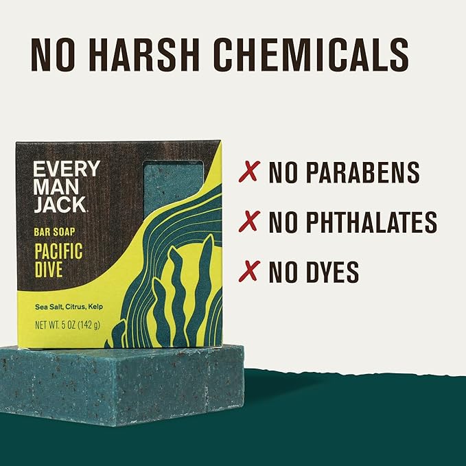 Every Man Jack Cold Plunge Mens Bar Soap - Pacific Dive Scent with notes of Sea Salt, Kelp, Refreshing Citrus - Deeply Cleans, Hydrates with Naturally Derived Ingredients and Light Grit - 5oz 2 Pack