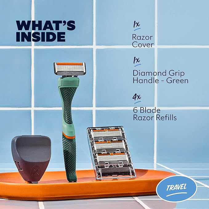 Dollar Shave Club | Travel Shave Set | 4 Extra Close Refill Cartridges, 1 Handle (Green), 1 Razor Cover