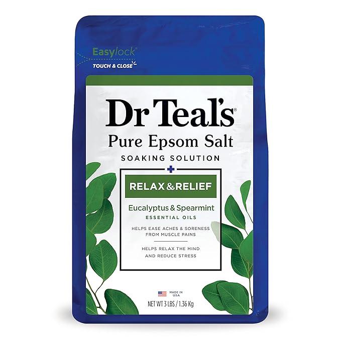 Dr Teal's Body Wash with Pure Epsom Salt, Relax & Relief with Eucalyptus & Spearmint, 24 fl oz (Pack of 4) (Packaging May Vary) & Pure Epsom Salt Soak, Relax & Relief with Eucalyptus & Spearmint, 3lbs