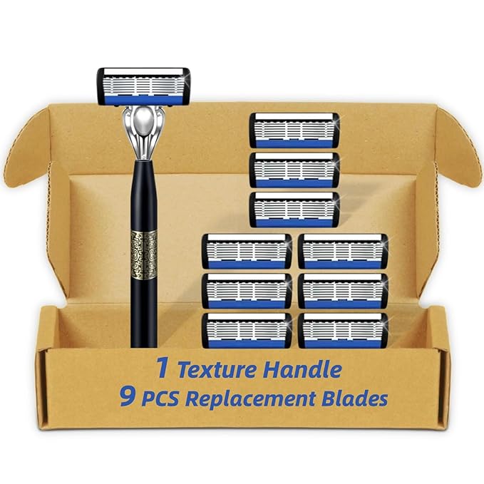 7-Blade Razor for Men, Men's Manual Refill Cartridges Razors Kit, Dual Lubrication Precision Beard Trimmer, Safety Men's Shaving Essentials Kit for Smooth and Comfortable Shave (1 Razor + 9 Blade)