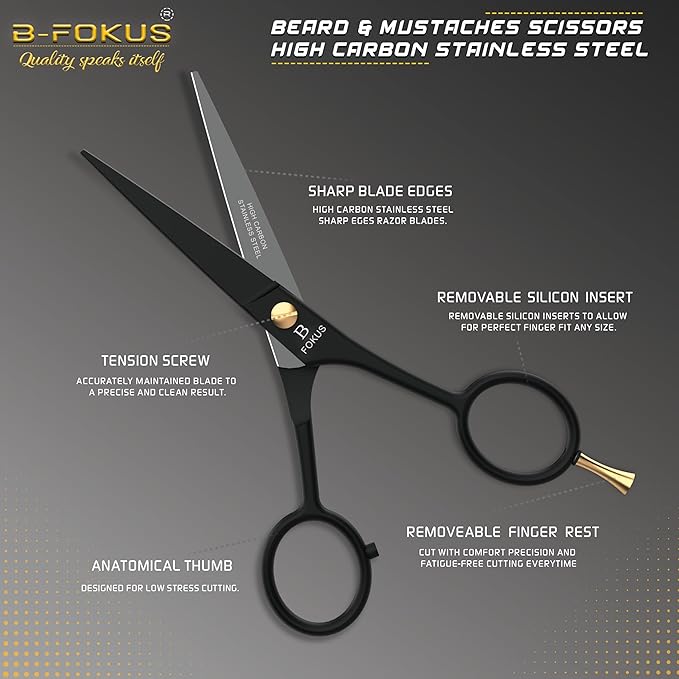 5" Professional Beard and Mustache Scissors, Black Color Beard Scissors Come with 1 Beard Comb, 1 Mustache Comb, 2 Stickers and Durable Pouch. Grooming Scissor for All Facial Hair Scissors (Black)