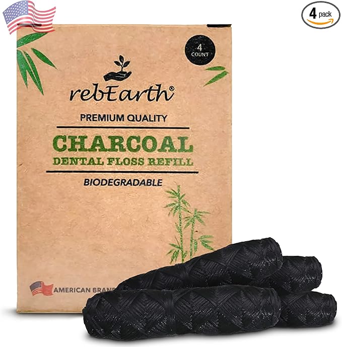 rebEarth Deep Clean Charcoal Black Floss Refill - Oral Care Dental Flossers Threaders Roll with Mint Flavored, 30m Bamboo Earth Silk Smooth & Shred Resistant Zero Waste Plastic Free (Pack of 4)