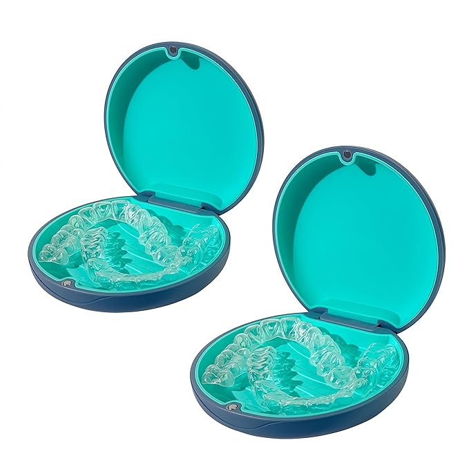2PCS Retainer Case Compatible with Invisalign,Cute Slim Aligner Case,Customized Magnetic Closure Orthodontic Retainer Cases (2 Pack Grey + Cyan Silicone)