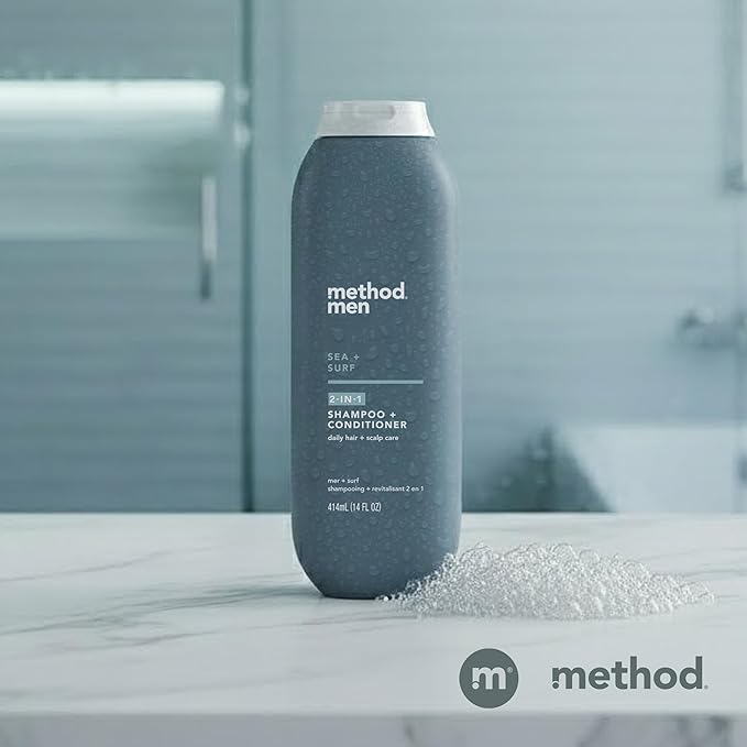Method Men 2-in-1 Shampoo and Conditioner, Sea + Surf - Cleans and Conditions with Argan and Jojoba Oil - Paraben Free and Silicone Free - 14 Fl Oz, Pack of 1