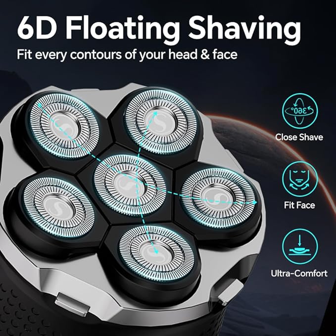 Electric 6D Floating Head Shavers for Bald Men, Magnetic Rotary Shaver for Men Face,Wet Dry IPX6 Men's Razor, LED Display Rechargeable with USB-C Charge