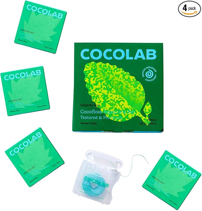 Cocofloss Woven Dental Floss, Dentist-Designed Oral Care, Mint, Waxed, Expanding, Vegan, Kid-Friendly String Floss with Coconut Oil, 4 Spools (33 yd Each)