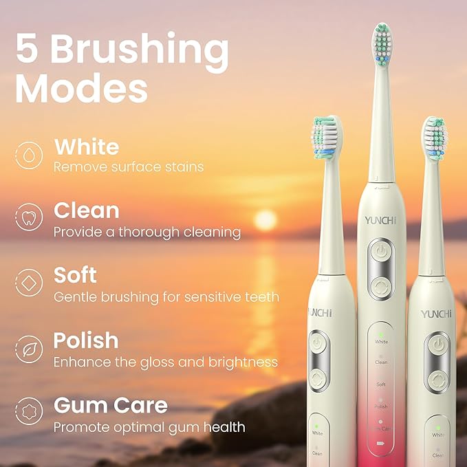 YUNCHI Sonic Electric Toothbrush, Electric Toothbrush for Adults and Kids, Rechargeable Battery Toothbrushes, 4 Brush Heads, 2 Min Timer, IPX7 Waterproof, 5 Modes, Red Yellow Gradient