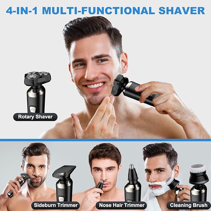 4-in-1 Electric Razor for Men, Magnetic Floating Heads, LED Display, IPX7 Waterproof, Travel Lock & Nose Trimmer - Complete Grooming Kit Gift Set