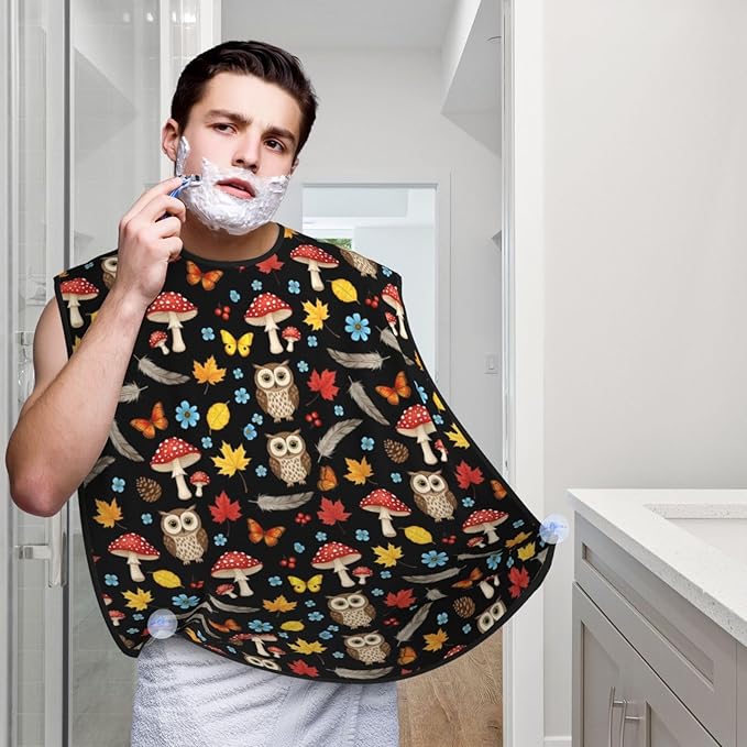 Beard Bib Apron for Men Shaving, Waterproof Non-Stick Hair Catcher with Suction Cups, Grooming Essential for Dad Husband, Owl Mushroom Fall Leaves Shave Bib