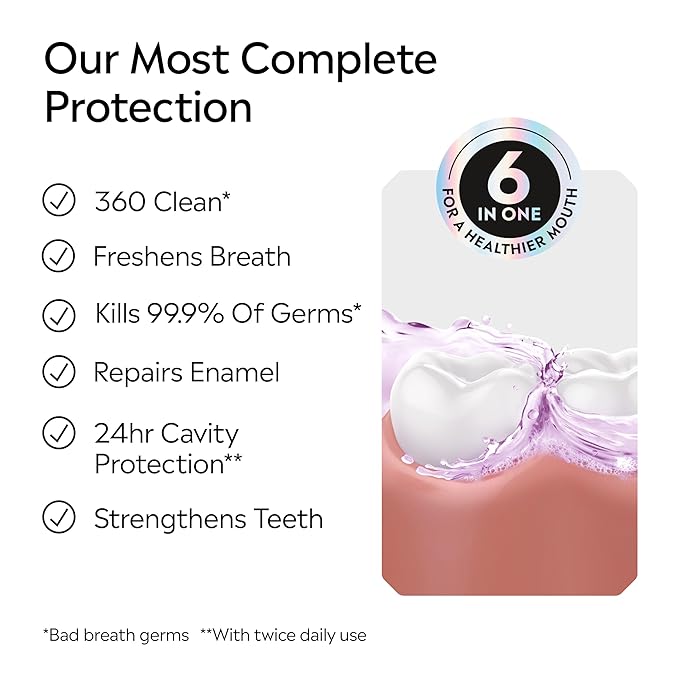 Listerine Total Care Alcohol-Free Mild Mouthwash, 6 Benefit Oral Rinse to Help Kill 99.9% of Germs that Cause Bad Breath, Strengthen Enamel, Mild Mint Flavor, 500 mL