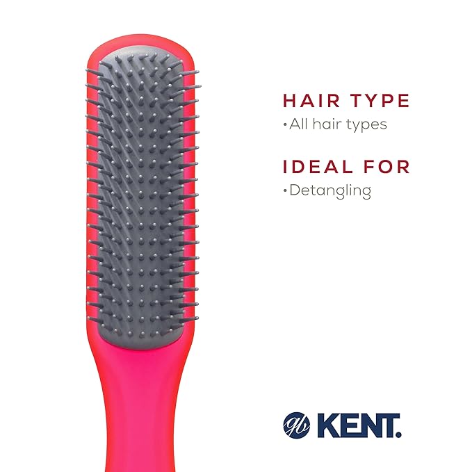 Kent AHGLO02 Airhedz Glo Red Half Round Narrow Detangling Hair Brush - 9 Row Ionic Anti Static Non Scratch Long Nylon Bristle Great for Detangling and Smoothing Medium to Long Length Hair