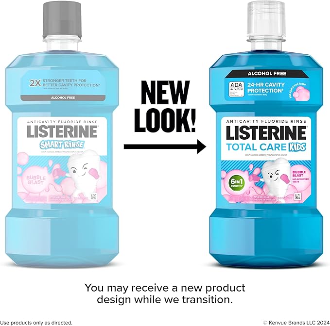 Listerine Total Care Kids Mouthwash, ADA Accepted, Alcohol-Free Anticavity Fluoride Mouthwash, Children's Mouthwash for Cavity Protection and Fresh Breath, Bubblegum Flavor, 500 mL, Pack of 3